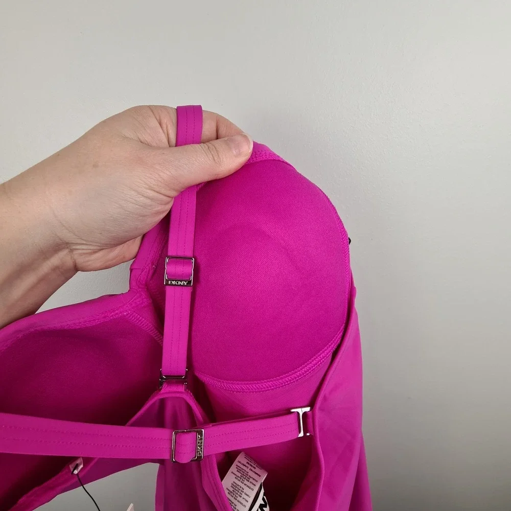 DKNY Women's Twist-Front One-Piece Swimsuit Carnation Pink Medium Tummy Compress - Picture 11 of 11